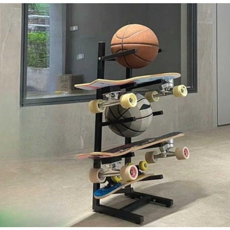 Sports Equipment Storage Rack - スケートボード用具ラック 統合設計 バスケットボール、サッカー、スポーツ雑貨の収納に 省スペースで頑丈なオーガナイザー
