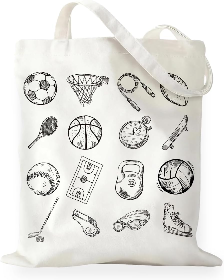 Sports Equipment Shop - すべてのスポーツ用品手描きプリントキャンバストートバッグポータブル環境に優しいショルダーバッグワークアウト学校日常外出用