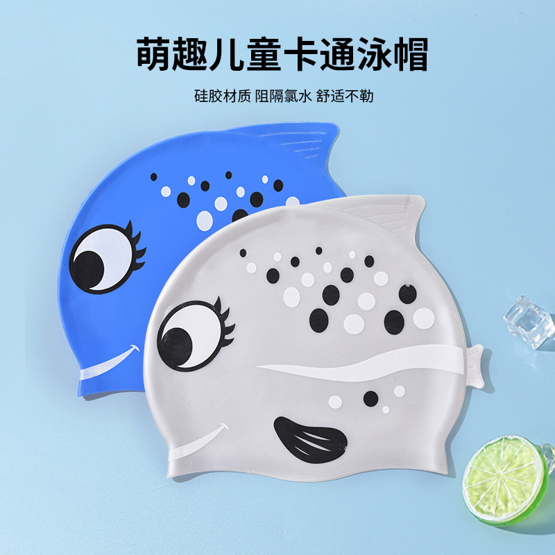 Swim Cap Silicone - 1PC かわいい漫画の魚プリントシリコン水泳キャップソフト無圧力密閉防水男の子女の子子供用ビーチプール