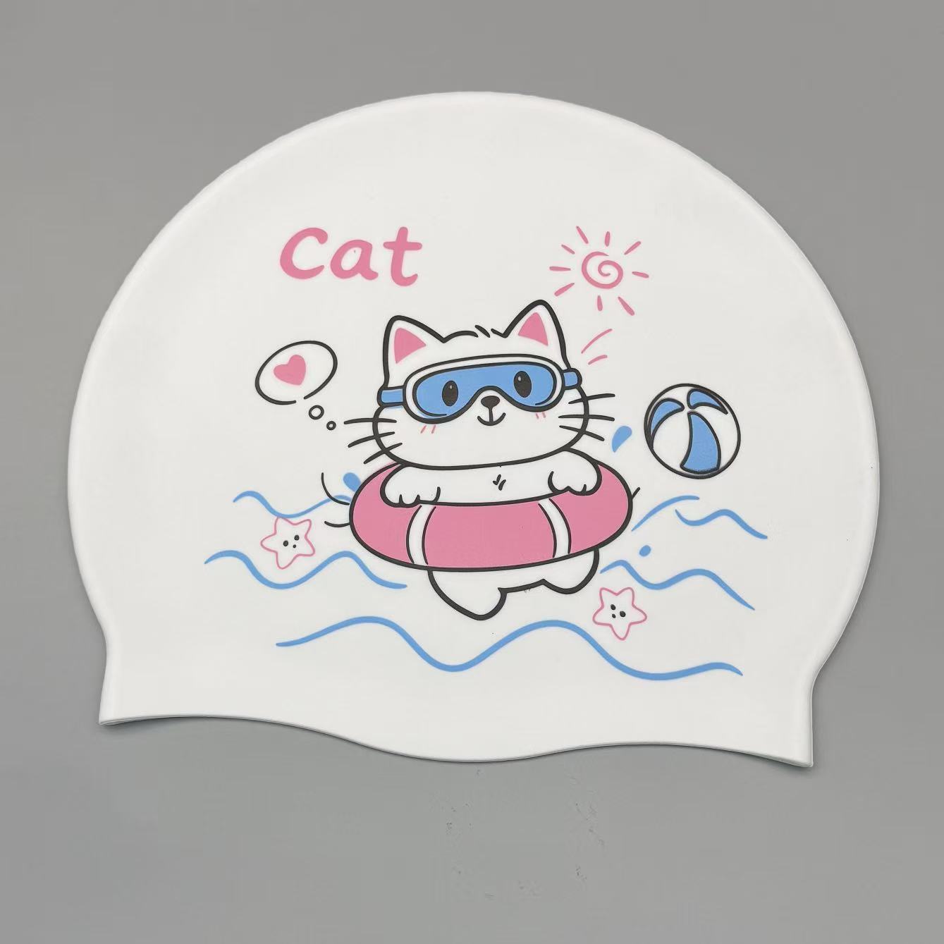 Swim Cap Silicone - 可愛い子猫柄シリコン水泳帽（女性用）、大人用漫画風夏用屋外防水耳保護水泳帽