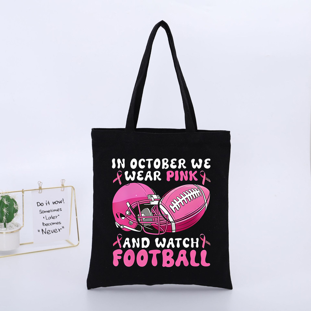 Sports Equipment Shop - フットボールファン向けピンクリボンとスポーツ用品プリントのキャンバストートバッグ、10月のイベントや日常使いに最適なカジュアルスタイル