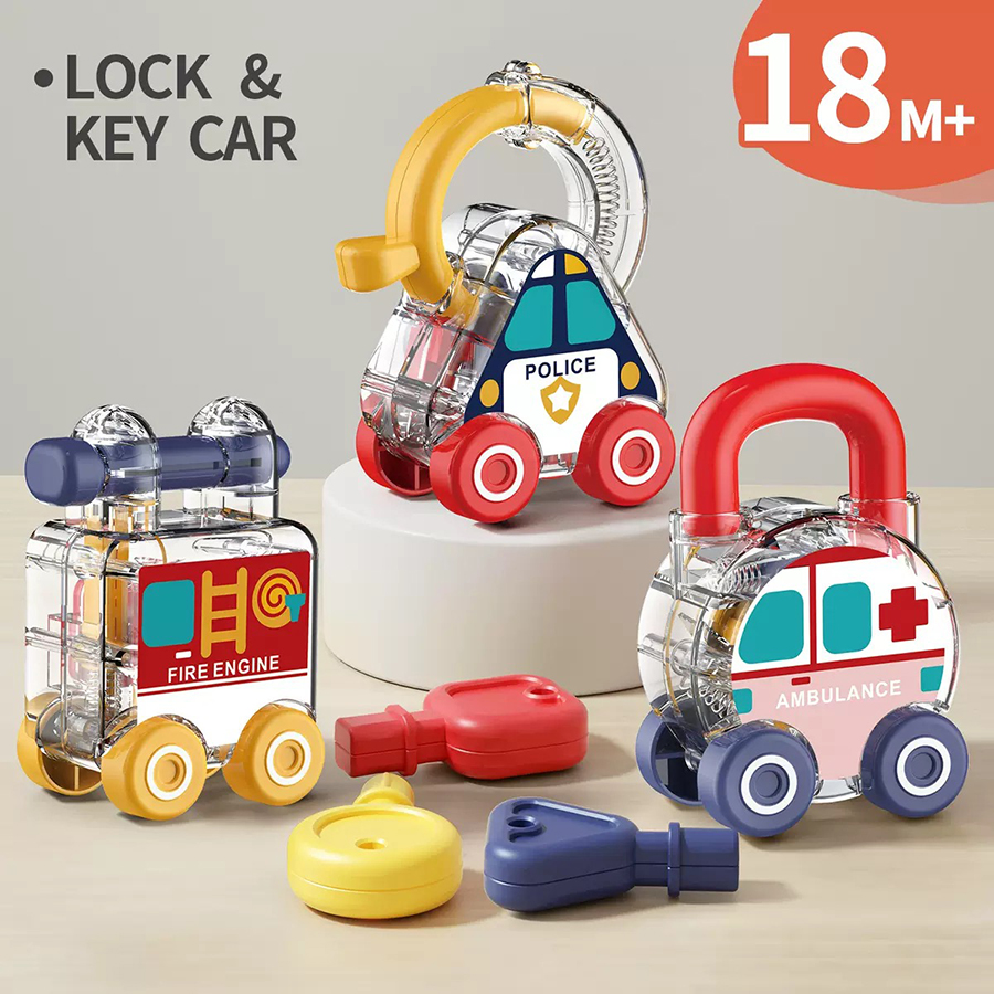 Sports Equipment For Kindergarten - モンテッソーリの鍵合わせロックおもちゃの車、思考力と論理力を養うおもちゃ3点セット、幼児の感覚トレーニングで車のロックを解除する