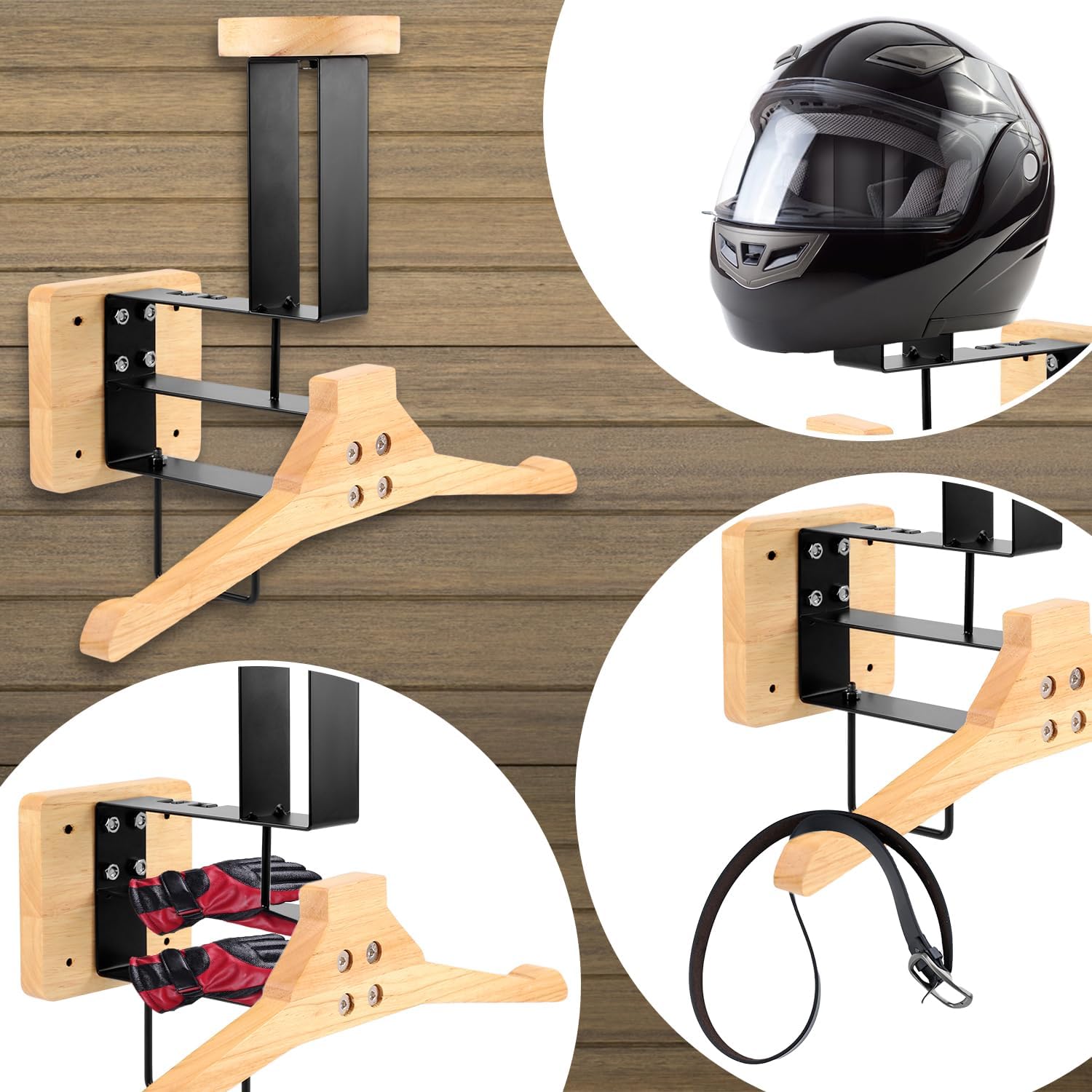 木製オートバイヘルメットホルダー壁掛けフックディスプレイラッ - Sports Equipment Storage Rack のレビューと価格