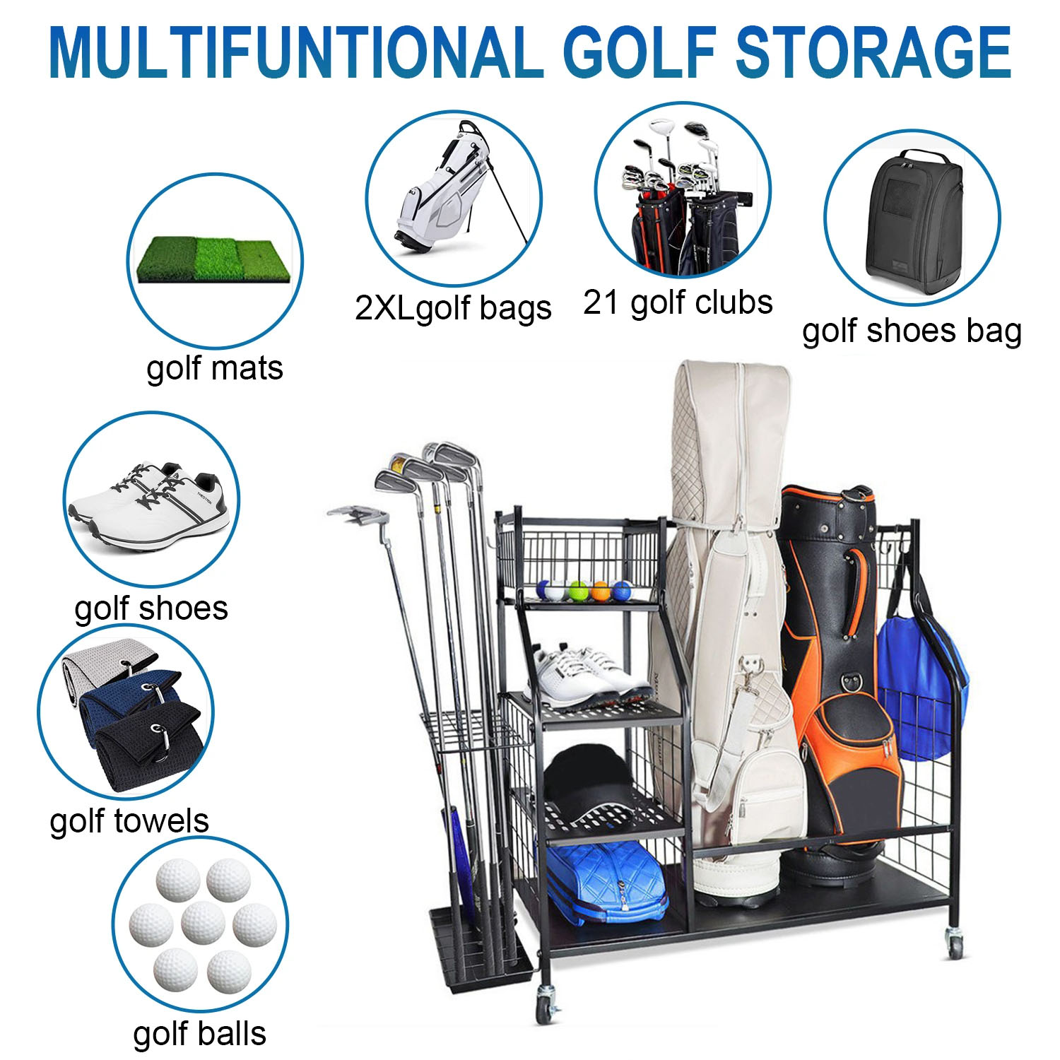 ゴルフバッグ収納ガレージオーガナイザーラック 2 スポーツバ - Sports Equipment Storage Rack のレビューと価格